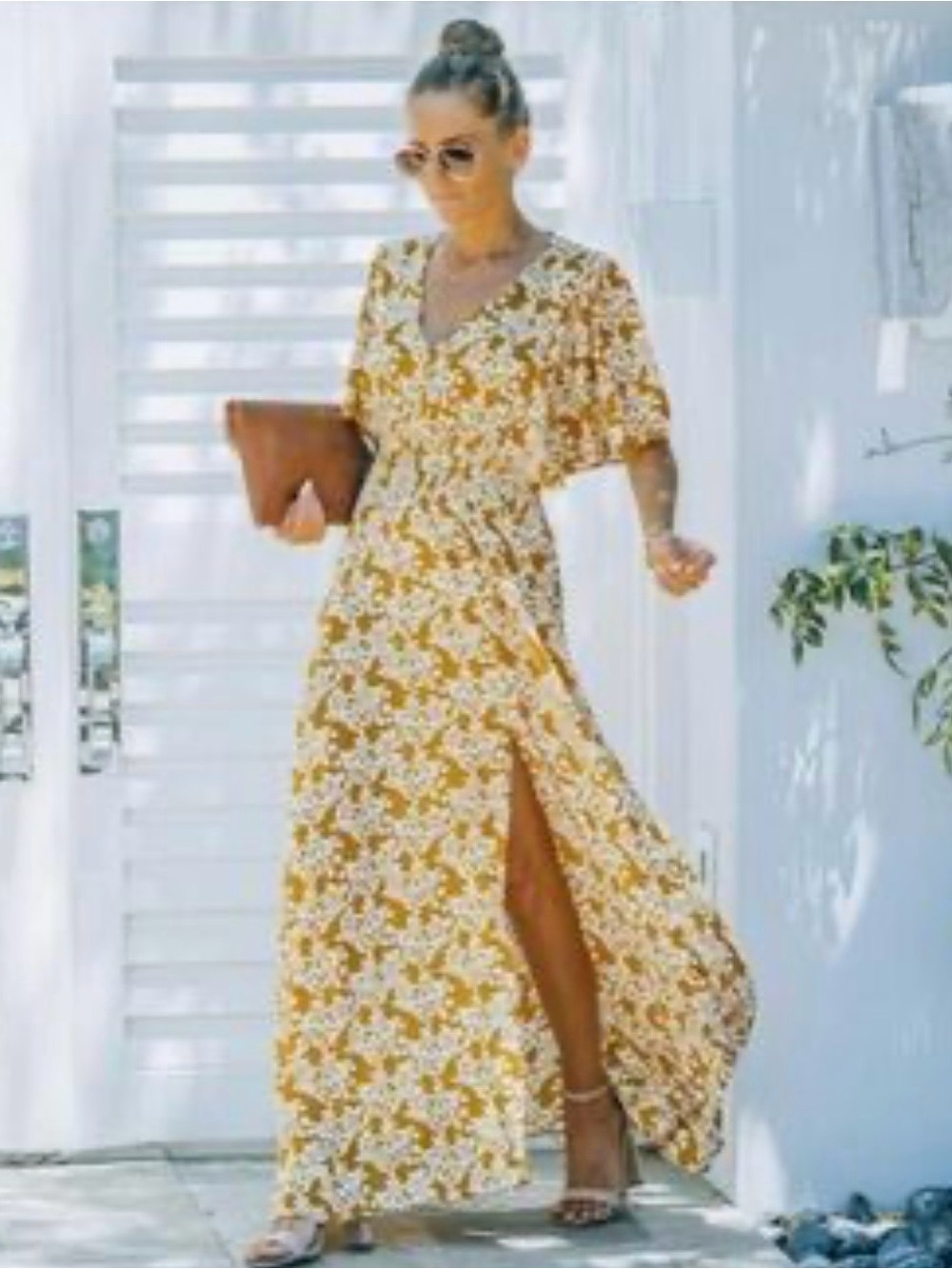 Aakaa Yellow Floral V-Neck Maxi Dress with Side Slit